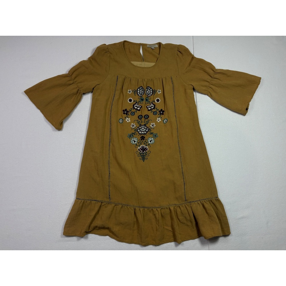 Polagram Womens Mustard Floral Embroidered Bell Sleeve Boho Dress L PSD1495